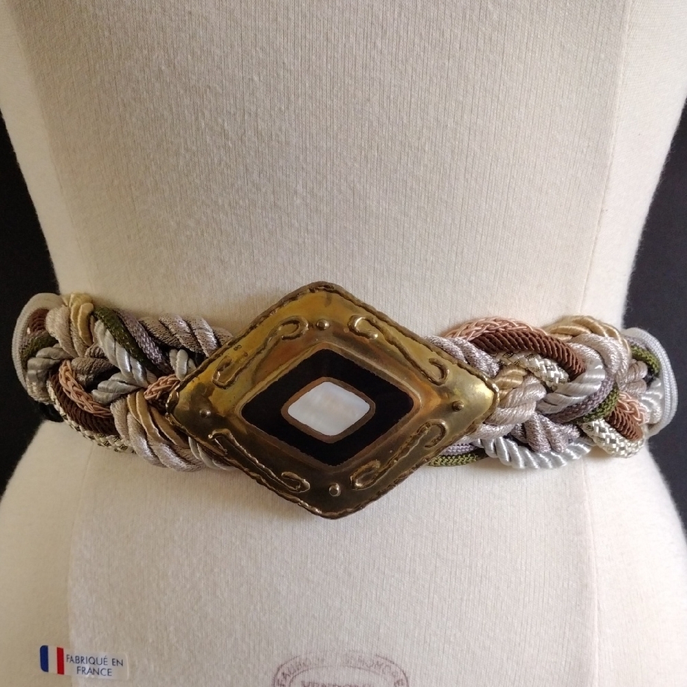 Decorative Brass Buckle Neutral Earth Tones Chunky Braided Wide Belt Adjustable